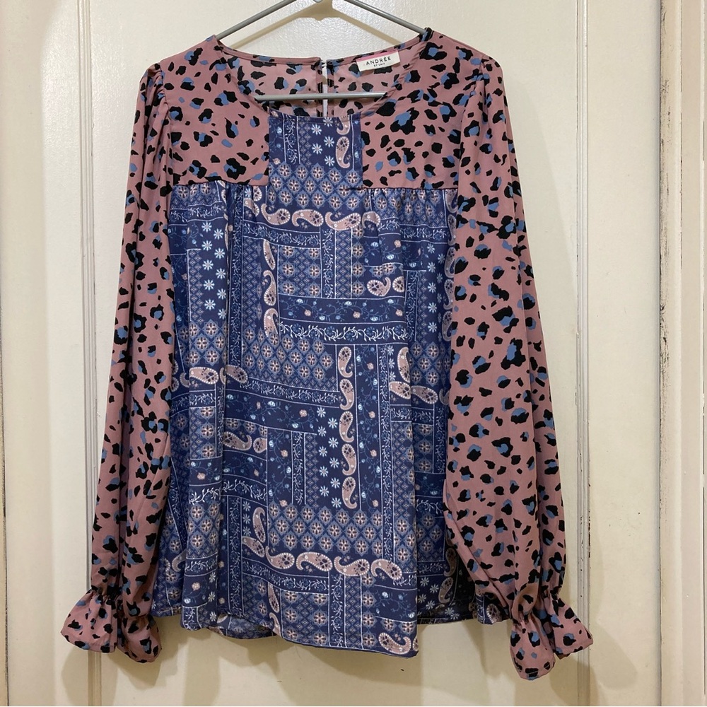 Andree by Unit Tunic Top Shirt  1X  Animal Print‎ Paisley Long Sleeve Blouse